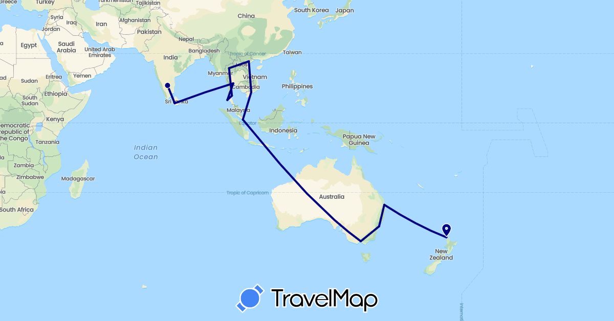 TravelMap itinerary: driving in Australia, India, Sri Lanka, New Zealand, Singapore, Thailand, Vietnam (Asia, Oceania)